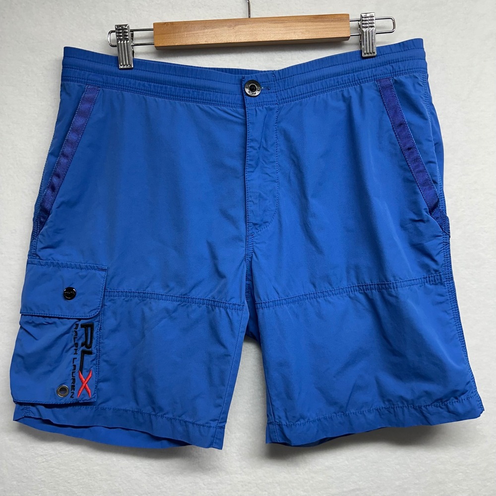 RLX Ralph Lauren Swim Broad Trunks Mens Medium Blue Cargo Unlined Pockets Beach